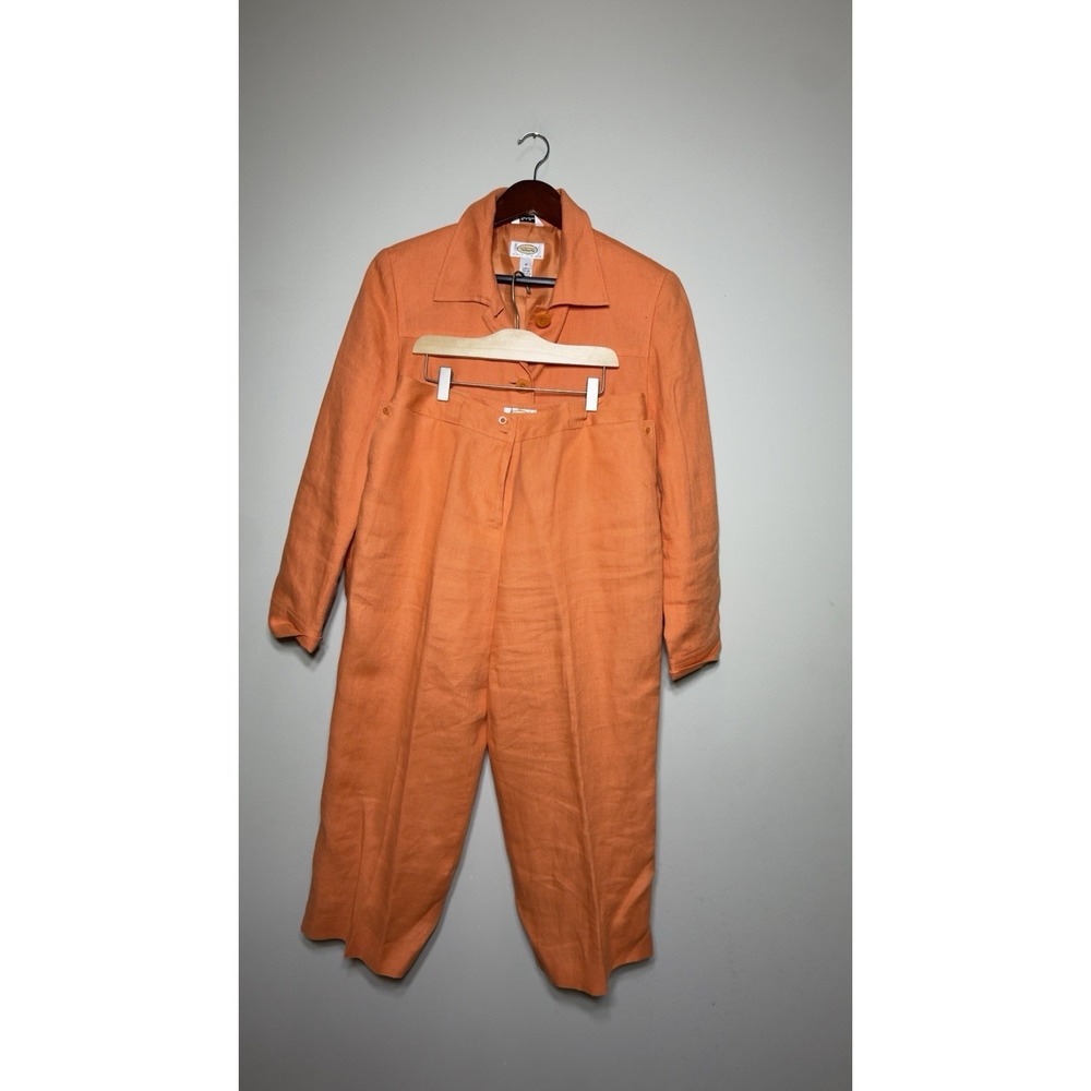 Talbots Petites Linen Pant Suit Set Size 12P Orange Crop Blazer Wide Leg Summer